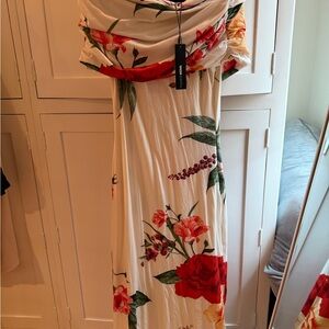 Fashion Nova Cream and Red Floral Maxi Dress